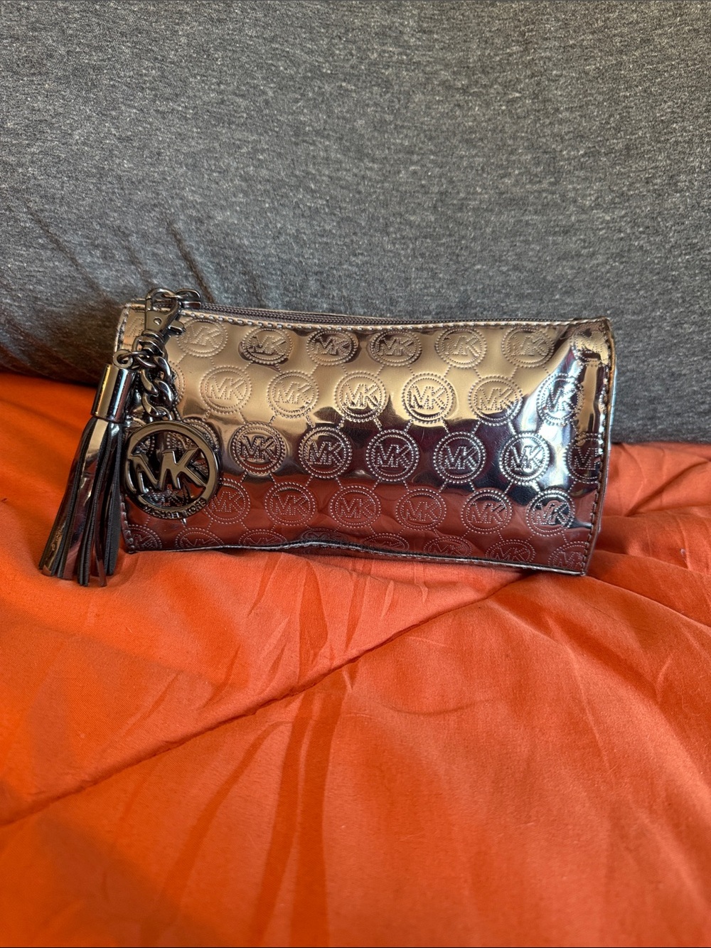 Michael Kors Patent Logo Tassel Clutch - Metallic Silver
